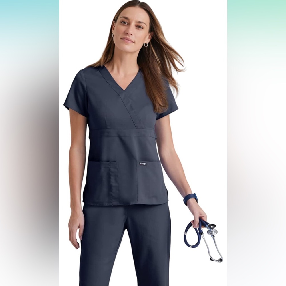Greys Anatomy Barco Steel Gray Sets Scrubs Wrap Princess 2 Pocket Top 5 Pocket